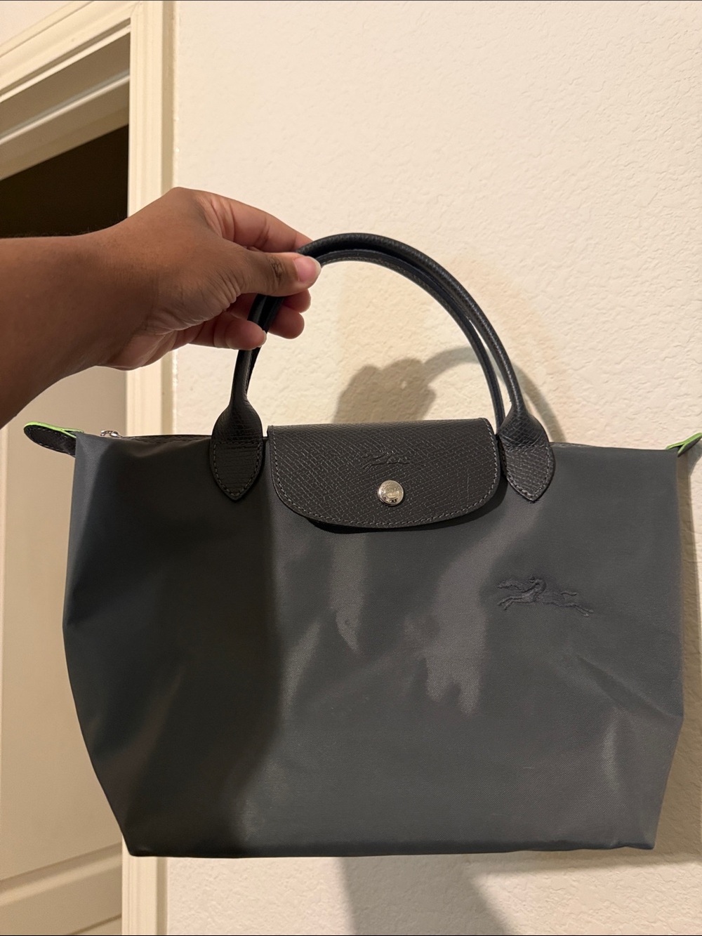 Longchamp Le Pliage Green Small Handbag Anthracite Nylon Tote with Gray Handles